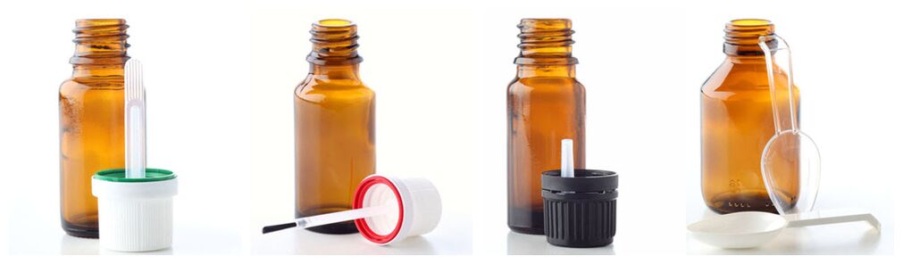 Pipeta, štětec, odkapávací dávkovač a odměrka doplňují skleněné lahvičky na esenciální oleje